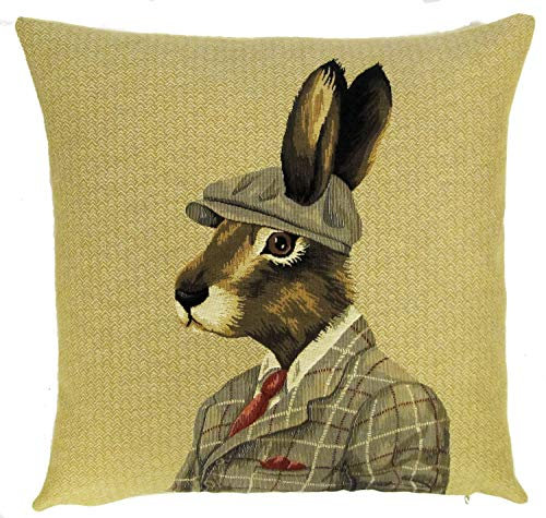 565pir Gobelin Tapisserie-Kissenbezug, gekleideter Kaninchen Hase mit Motorhaube auf Fischgräten-Hintergrund, hergestellt in Belgien, 45 x 45 cm, 1 Stück, Wohnzimmer, Sofa-Akzentkissen