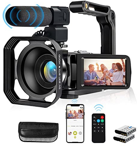 lovpo Videocamera 4K, 48MP Ultra HD WiFi Vlogging, 18X Zoom, 3 Pollici Touch Screen, Microfono, Stabilizzatore, Paraluce Lente, Telecomando
