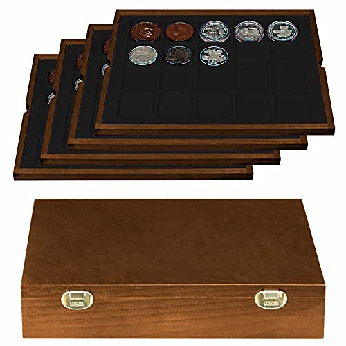 LINDNER Echtholz Münzkassette mit 4 schwarzen Tableaus für 80 Münzen/Münzkapseln bis Ø 47 mm