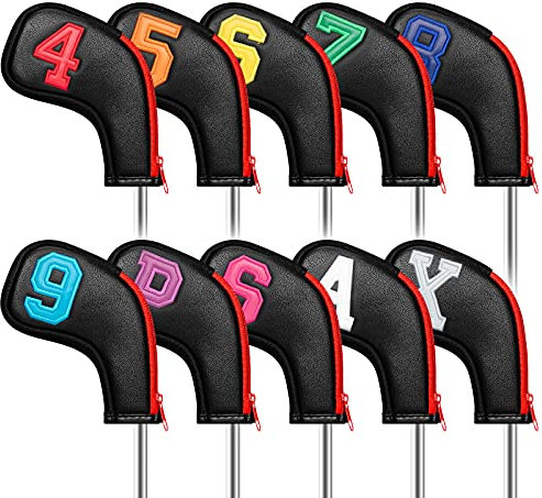 wosofe Golf Head Covers for Iron Headcover Black Leather 10pcs Set Colorful Number Embroideried PU Leather Waterproof Fit All Brands (Multicolor)