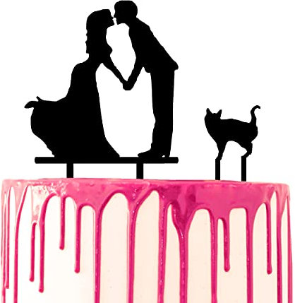 CARISPIBET decorative cake topper bride and groom holding hands for a kiss with a pet cat at their side acrylic silhouette