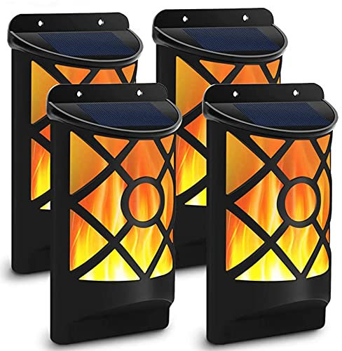 4 Stücke LED Solar Flamme Licht Außen Wandleuchte Wasserdichte IP65 Solarlampen Flackernde Flamme Lampe Garten Dekoration Zaun Wandnachtlichter mit Lichtsensor für Garten Balkon Terrasse VOMI