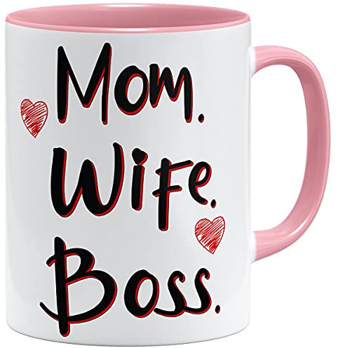 OM3® Mom Wife Boss Tasse mit Spruch III | Keramik Becher | 11oz 325ml | Beidseitig Bedruckt | Rosa