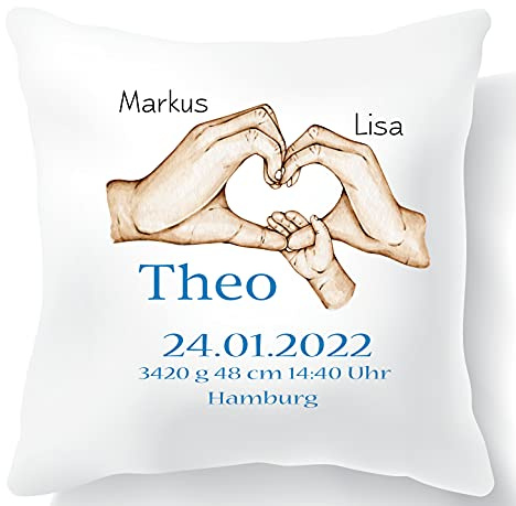 Zarto® Personalisierte Geschenke Baby Geburt - für Junge personalisiert - individualisiertes Namenskissen mit Geburtsdaten - Baby Kissen mit Namen (Hellblau)