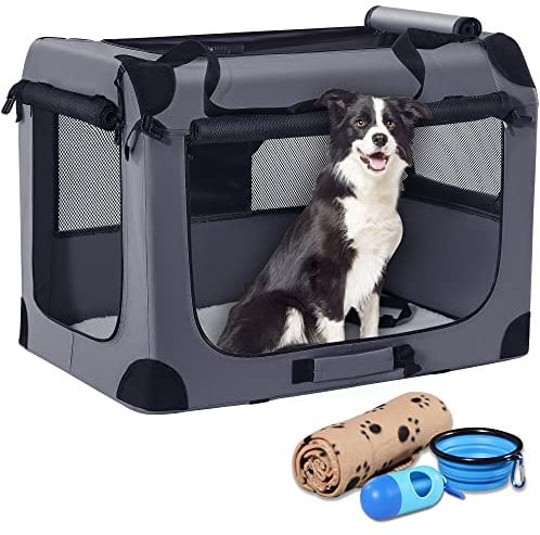 Petprsco Tragbare Hundebox, zusammenklappbare Hunde-Reisebox, 81 x 58 x 58cm, mit weicher Decke, Faltbarer Schüssel und einem Kotbeutel mit Spender für mittelgroße und große Hunde