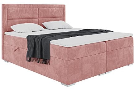 MEBLINI Boxspringbett mit Bettkasten - Gepolstert Doppelbett mit Matratze und Topper - Polsterbett mit Stauraum - Bett mit Kopfteil - Stauraumbett - Merida - 140x200 - H3/Rosa Samt