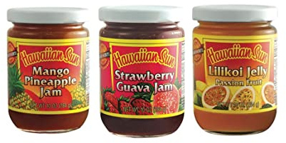 Hawaiian Sun Jelly and Jam Variety Pack One 10 oz glass jars Tropical Sweet fruits directly from the islands (Paradise Pack 3)