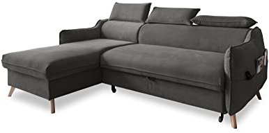 MIUFORM Sweet Harmony mit Bettkasten | 4 Sitzer Sofa | L-Form Links | 228 x 162 x 82cm | Klappsofa mit Schlaffunktion und mit Kopfstütze | Easy Clean Stoff Samt (Grau)