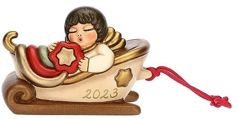 THUN - Slitta Componibile Angelo con Arcobaleno in Ceramica Decorata a Mano, Addobbo Natalizio, Idea Regalo, 9.8x6.5x6.5 cm h