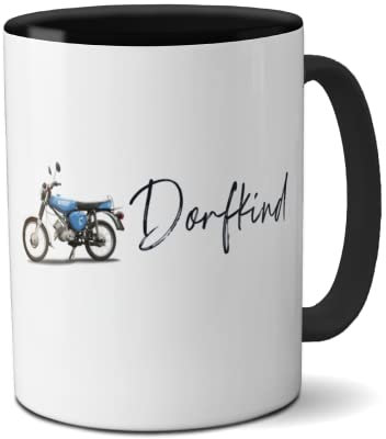 Kilala Motiv Tasse weiß, mit Dorfkind Aufdruck und Moped Motiv blau, Name personalisiert, Geschenk für Mofafahrer und Mopedfahrer
