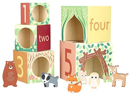 Orange Tree Toys Stacking Cubes and Woodland Animal Figurines, Wooden Toys for 1 Year Olds, Toddler - Montesorri Stacking Toys, Nesting Boxes Balancing Building Blocks, Counting with Numbers 1-5