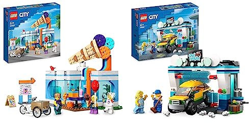 LEGO 60363 City Eisdiele, Spielzeug-Laden für Kinder ab 6 Jahren & 60362 City Autowaschanlage, Set mit Spielzeugauto für Kinder ab 6 Jahren