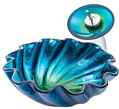 GLigeT Lavabo Lave Main Évaluation de la Salle de Bain Évaller en Verre trempé Art au-Dessus du comptoir Bassin Peint à la Main lavabo avec Robinet, Bleu pour Les salles de Bains