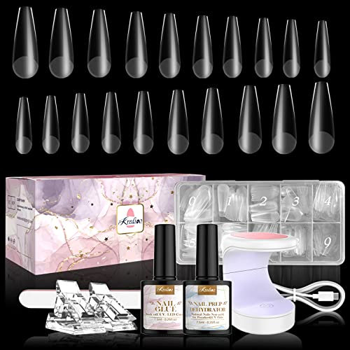 Kredioo Gel X Nail Extension Kit, 500Pcs Acrylic Nail Tips Long Coffin Pre-Shaped with 4 in 1 Nail Glue Base Coat, UV Nail Lamp, Prep Dehydrator, Beginner Easy DIY Manicure Nail Art Kit