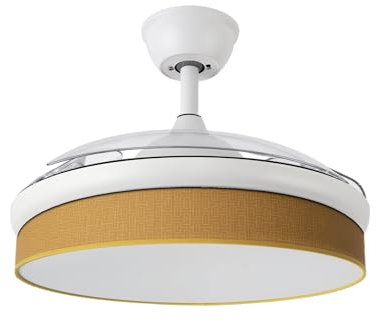 Abrila - Ventilador DC MODA | Color Blanco con tres Aspas Desplegables ABS y Difusor Amarillo | 6 Velocidades Ajustables | 3 Temperaturas de Luz | con Temporizador y Mando a Distancia Incluido