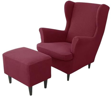 yuwqqoajv 3X Ohrensessel und Ottoman Hocker, geschützt mit Bezugsset. Einfach zu installierende, waschbare Sessel Schutzhülle aus Polyester, Weinrot