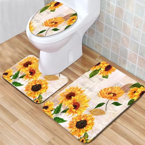 Badvorleger Set Sonnenblumen- und Vintage-Muster Badgarnitur 3 Teilig, Bodenvorleger U-förmiger WC-Vorleger WC-Deckelbezug, rutschfest, Waschbar für Badewanne, Dusche, Badezimmer