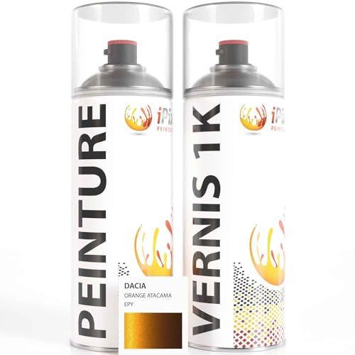 ipixline Kit Retouche Peinture Carrosserie Voiture - Bombe Aérosol Peinture Auto 400 ml, Vernis Brillant 1k 400 ml - Compatible avec Dacia - Orange Atacama EPY