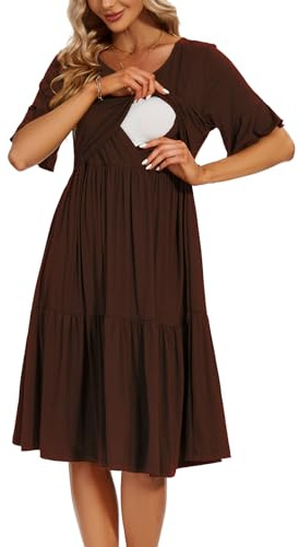 Smallshow Women's Maternity Nursing Dress Ruffle Short Sleeve Breastfeeding Clothes, Coffee, XL