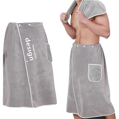 ZHYUAN Saunakilt Herren Frottee,Saunahandtuch für den Mann,Herren Sauna Frottee Kilt,Frottee Saunakilt mit Knöpfen für Herren,Sauna Kilt mit aufgesetzter Tasche,saunakilt herren mit druckknopf (Grau)