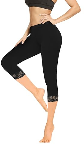 Geyuwoz Leggings Damen 3/4 High Waist Capri Leggins Blickdicht Caprihose Sommer Baumwolle Leggings mit Spitze Sporthose Leggins 7/8 für Damen Yoga Gym