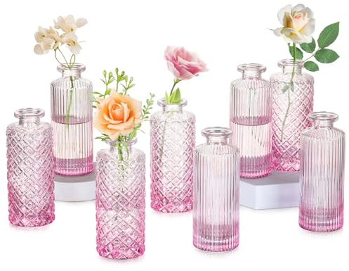 Glasseam Vases à Bourgeons en Verre pour Fleurs, Vase DéCoratif Rose, Lot De 8, Vases à Fleurs en Cristal, Petits Vases en Bouteille Vintage, Mini Vases en Diamant pour DéCoration De Table.