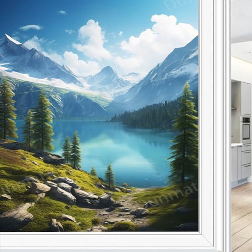 DEBAOKA Buntglas-Fensterfolie Moderne Bergansicht Blauer Himmel Landschaft Privatsphäre Fensterfolie Glastürabdeckung Nicht klebende Fensteraufkleber 45 x 60 cm