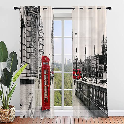 Odot Transparent Gardinen 2er Set Voile Vorhänge mit Ösen, Sheer Vorhang mit Stadtgebäude Druck, Ösenschal Fensterschal für Wohnzimmer Schlafzimmer Sonnenlichtfilterung (107x213cm,London)