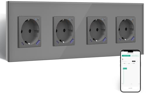 BSEED Wlan Schuko Steckdose mit USB C 20W Schnellladegerät,Smart Steckdose Unterputz mit Strommessung,Arbeit mit Alexa/Google Home,Stromzähler für Mehrfachsteckdose mit Smart Life App,4 Fach Grau