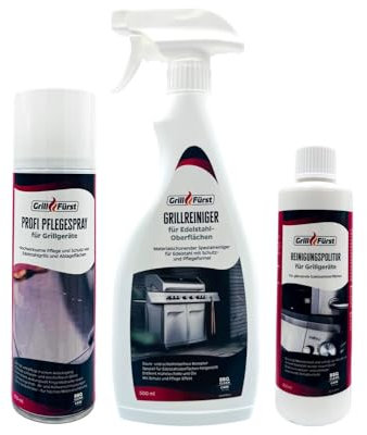 Grillfürst Grillreiniger-Set für Edelstahl Oberflächen Auffrischen/Pflegen/Imprägnieren - Grillreiniger, Pflegespray, Reingungspolitur -3er Set