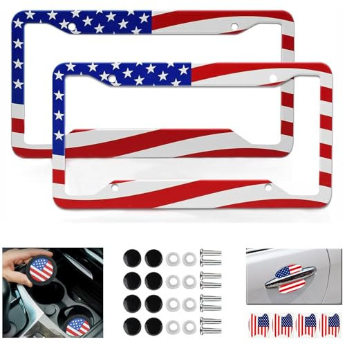 American Flag License Plate Frame(2Pack) with Coasters(2Pcs),4 Hole Aluminum Metal Car License Plate Frame and 4 Handlebar Stickers Automotive Universal Number Plate Frame Front/Rear, Screws Caps