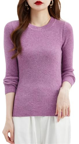 ERFMFKL Maglione girocollo da donna, in lana merino, caldo, a maniche lunghe, lavorato a maglia, Viola, XL