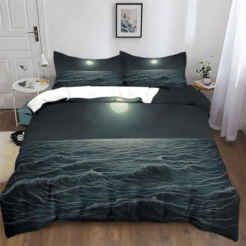 XCQHZYQ Bettwäsche 180x200 cm Meer Mond Nachtansicht Bettwäsche-Set Gebürstet Baumwolle Polyester 1 Bettbezug + 2 Kopfkissenbezug 80x80cm mit Reißverschluss