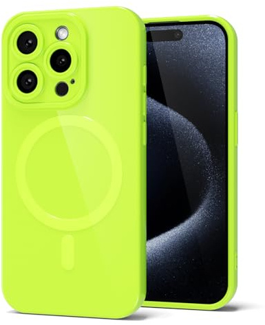 Svanove for iPhone 15 Pro Phone Case Silicone Magnetic, Compatible with Magsafe Case Cute for Women, Girly Bright Color Glossy Jelly Thin Slim Hard Mag Safe Rubber & Camera Cover, Neon Green Lime