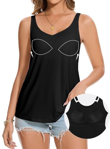 Joyshaper Vest Tops for Women Built in Bra Ladies Summer Sleeveless Tank Loose Fit Pleated Shirts Camisole Cami Black,XXL