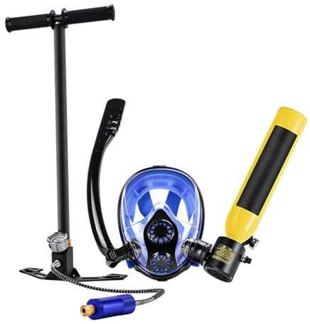 XGXHIN Mini Tanque de Buceo de 0,5 l y máscara de Buceo de Cara Completa con Bomba, Proporciona Entre 5 y 10 Minutos de respiración bajo el Agua, para Buceo en Aguas Poco Profundas