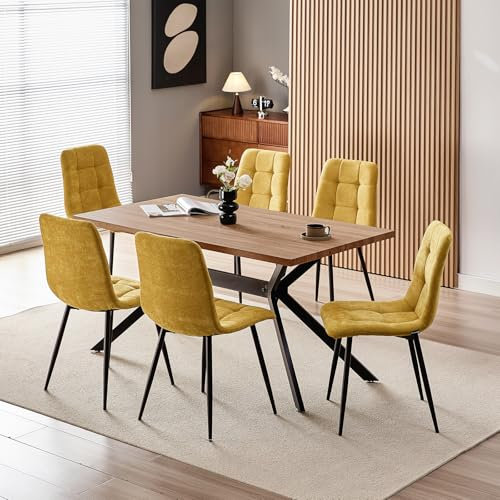 WAFTING Essgruppe Esstisch mit 6 Stühlen, 140×80×73cm HDF Esstisch mit Dunkle Holzmaserung, und Gepolsterte Gelb Esszimmerstühle mit hoher Rückenlehne und Leinendesign, für Küche Esszimmer, Wohnzimmer