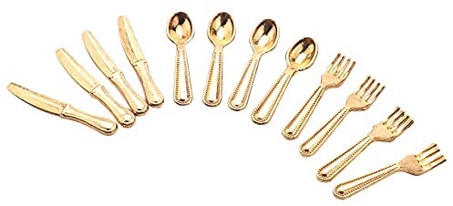 MQODLFP 1/12 Puppenhaus Miniatur Edelstahl Geschirr Set 12 Stueck Gold