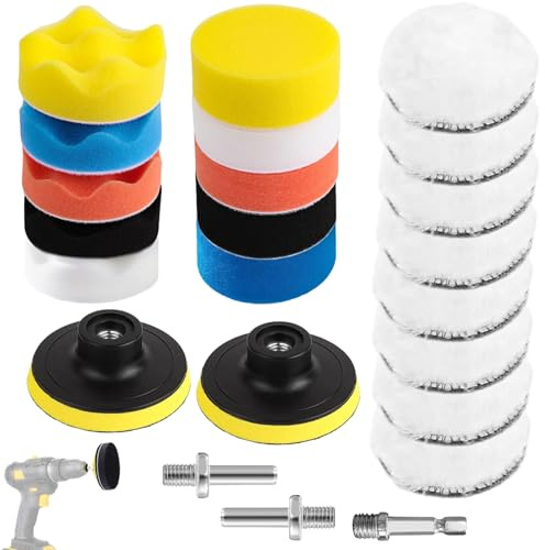 23 Pièces Kit Polissage Voiture pour Polisseuse, 3 Pouces Pad Lustrage Éponge & Laine, Tampons Polissage Disque avec Adaptateur Perceuse, Embout Polish Automobile pour Polir, Meulage, Cirage