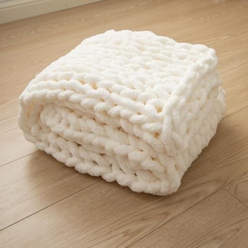 Wttfc Chunky Knit Throw Blanket, Handmade Soft Chenille Yarn Throw Blanket, Thick Cable Knitted Blankets, Large Rope Knot Crochet Blankets for Couch Sofa Bed Home Decor,Cream White,60x60cm