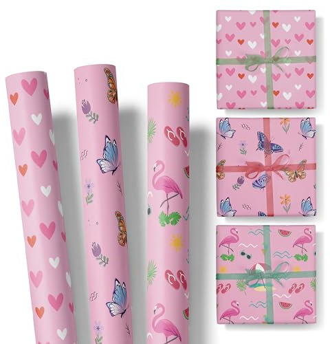 Geschenkpapier Kinder – 3 Rollen im Set – für Geschenke zum Geburtstag oder zu Weihnachten – Geschenkpapier Mädchen und Jungen – Rolle: 47 cm breit, 3 m lang - SET 7