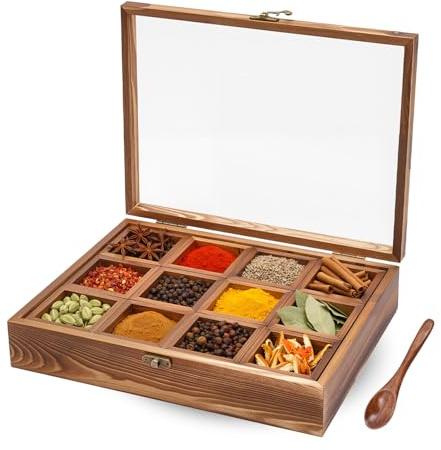 Tyvotrend Wooden Spice Box, 12 x 45ml Containers, Clear Acrylic Lid, Spoon | Pine Wood and Acrylic, 12 Removable Compartments, Worktop Spice Organiser, Tea Storage, No Assembly, Easy Refilling