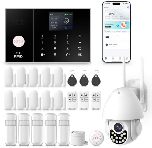 Clouree 4G/WLAN Alarmanlage Haus mit Außenkamera, 25-teiliges Sicherheitssystem für Haus mit Sirene, PIR-Bewegungsmeldern, Fenster-/Türsensor, Fernbedienungen, Kompatibel mit Google Assistant