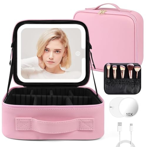 OSDUE Beauty Case da Viaggio Donna, con Specchio LED, Divisore, 23x26cm | Borsa trucco con specchio LED, 3 Modalità Di Colore,Portatile con Divisore Regolabile, Specchio ingranditore 10x, Rose