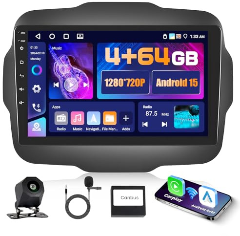 Hikity 4+64G 9 Autoradio Android 15 per Jeep Renegade 2016-2020 | IPS Touchscreen Wireless Carplay Autoradio 2 DIN GPS Navi Bluetooth 5.0 5G WiFi FM/RDS Retrocamera Comandi al Volante 4+64G