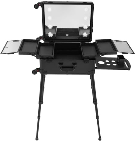 Aluminium-Trolley mit 8 LED Beleuchtung,3 Lichtfarben,höhenverstellbare Stützbeine (39-85cm),Make-up-Tasche mit 4 lenkbaren Rädern,professioneller Kosmetik-Organizer für Make-up,Kosmetik,Studio