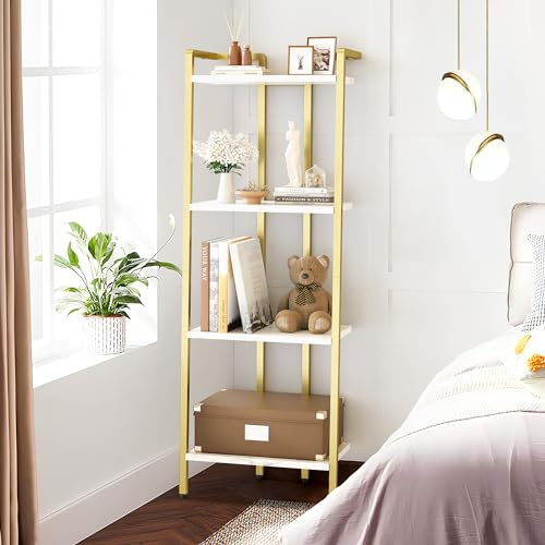 Aptliton Modern 4-Tier Gold Ladder Bookshelf, Space-Saving Display Shelf, Sleek Narrow Metal Frame, Versatile Storage Organizer for Living Room, Home Office, Balcony, Kitchen, Bathroom, 1Pcs