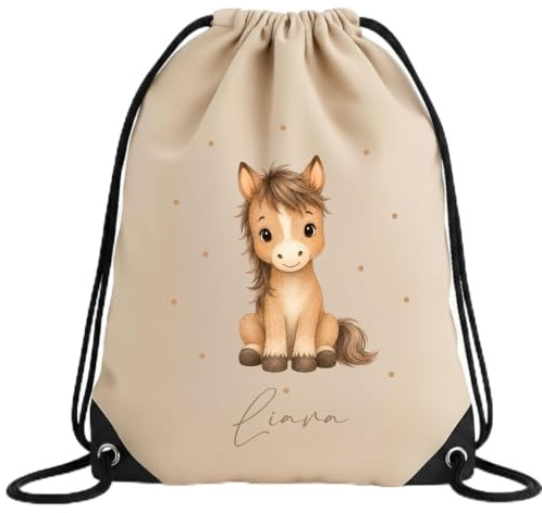 smartaini Personalisierter Turnbeutel mit Namen – Kindergartenbeutel personalisiert, Sportbeutel Kinder, Beutel für Wechselkleidung, leichter Gymbag mit Tiermotiv für Mädchen & Jungen (Pferd)