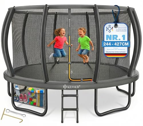 KESSER® Trampolin Outdoor Ø 244/305/366/427 cm, GS-Zertifikat, Gartentrampolin für Kinder & Erwachsene <150 kg mit Sicherheitsnetz, inklusive Tasche, Leiter, Randabdeckung & gepolsterten Netzstangen