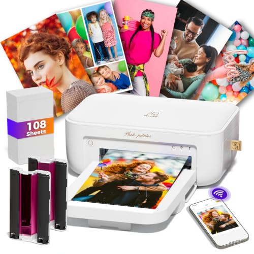 Desktop-Fotodrucker, 10 x 15 cm, mit 108 Blatt Fotopapier und 2 Farbband | Sofortbilddrucker für iPhone, Smartphone, Thermosublimation, WLAN-Verbindung, Heimgebrauch, Weiß